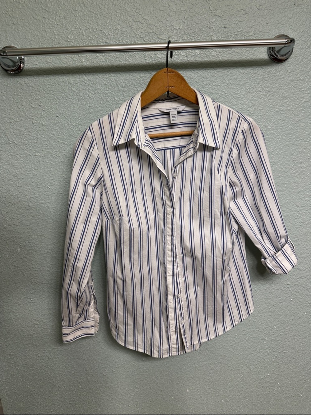 Nine West White and Blue Striped Button-Down Shirt